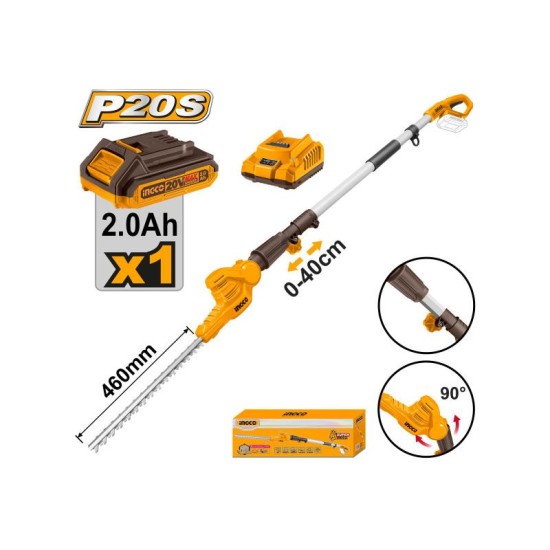 INGCO Akkus magassági sövényvágó 0-400 mm 460 mm 20 V (1 x 2,0 Ah akku + töltő) INGCO Akkus magassági sövényvágó 0-400 mm 460 mm 20 V (1 x 2,0 Ah akku + töltő)