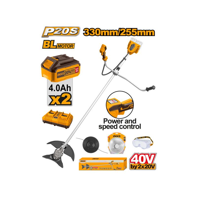 INGCO Akkus fűkasza és bozótvágó 330 mm szénkefe nélküli 2 x 20 V (2 x 4,0 Ah akku + töltő)