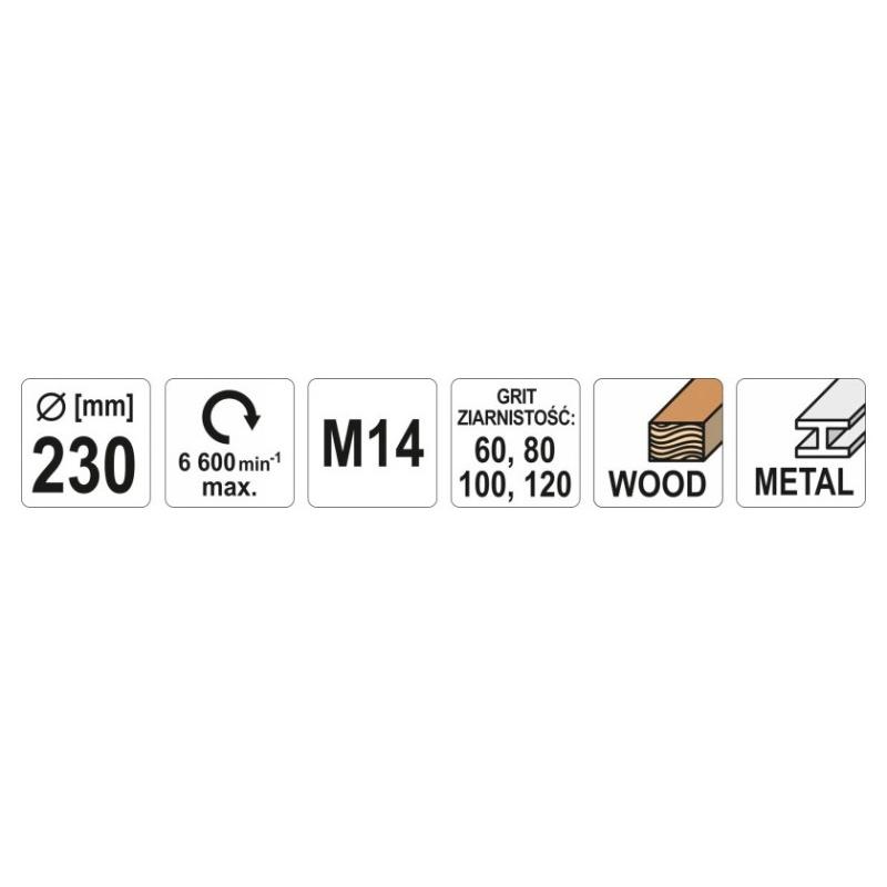 YATO Tépőzáras gumitányér 230 mm M14 + 4 db tépőzára fíbertárcsa (P60, P80, P100, P120)