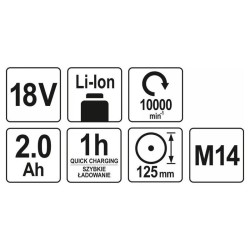 YATO YT‑82826 akkus sarokcsiszoló 125 mm, 18 V, 2 Ah (1 x 2,0 Ah akku + töltő)