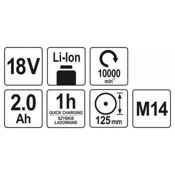 YATO YT‑82826 akkus sarokcsiszoló 125 mm, 18 V, 2 Ah (1 x 2,0 Ah akku + töltő) YATO YT‑82826 akkus sarokcsiszoló 125 mm, 18 V, 2 Ah (1 x 2,0 Ah akku + töltő)