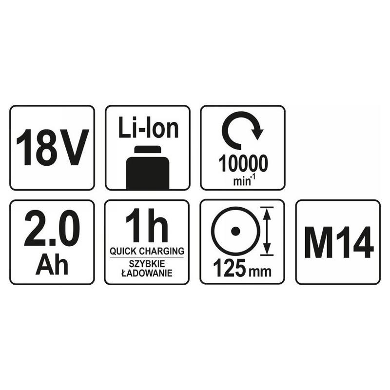 YATO YT‑82826 akkus sarokcsiszoló 125 mm, 18 V, 2 Ah (1 x 2,0 Ah akku + töltő) YATO YT‑82826 akkus sarokcsiszoló 125 mm, 18 V, 2 Ah (1 x 2,0 Ah akku + töltő)