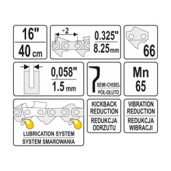 YATO Láncfűrész lánc 16'' 0,325'' 1,5 mm 66 szem YATO Láncfűrész lánc 16'' 0,325'' 1,5 mm 66 szem