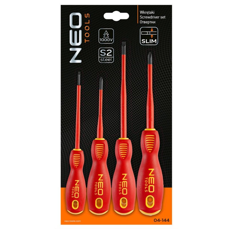 Csavarhúzó készlet 1000V, szigetelt, 4db, vékonyított szárral (04-144)