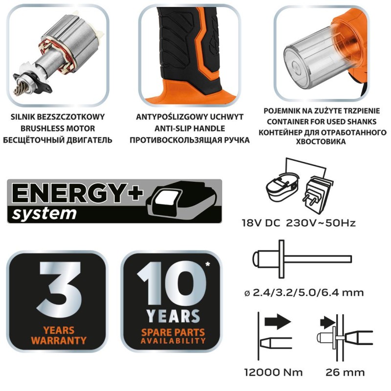 Akkus popszegecshúzó, Energy+, 18V, szegecsátmérő 2,4-6-4mm, húzóerő 12000 N (04-617) Akkus popszegecshúzó, Energy+, 18V, szegecsátmérő 2,4-6-4mm, húzóerő 12000 N (04-617)