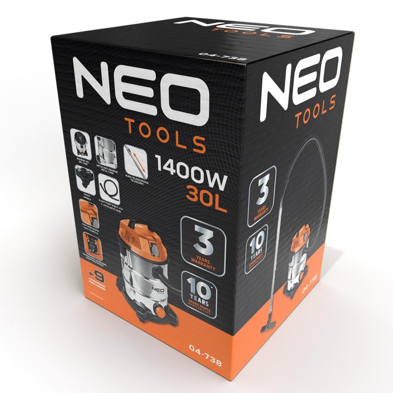 NEO TOOLS 04-738 Ipari száraz-nedves porszívó, 1400W, 30L inox tartállyal, gépcsatlakozó aljzat, komplett tartozék szett NEO TOOLS 04-738 Ipari száraz-nedves porszívó, 1400W, 30L inox tartállyal, gépcsatlakozó aljzat, komplett tartozék szett