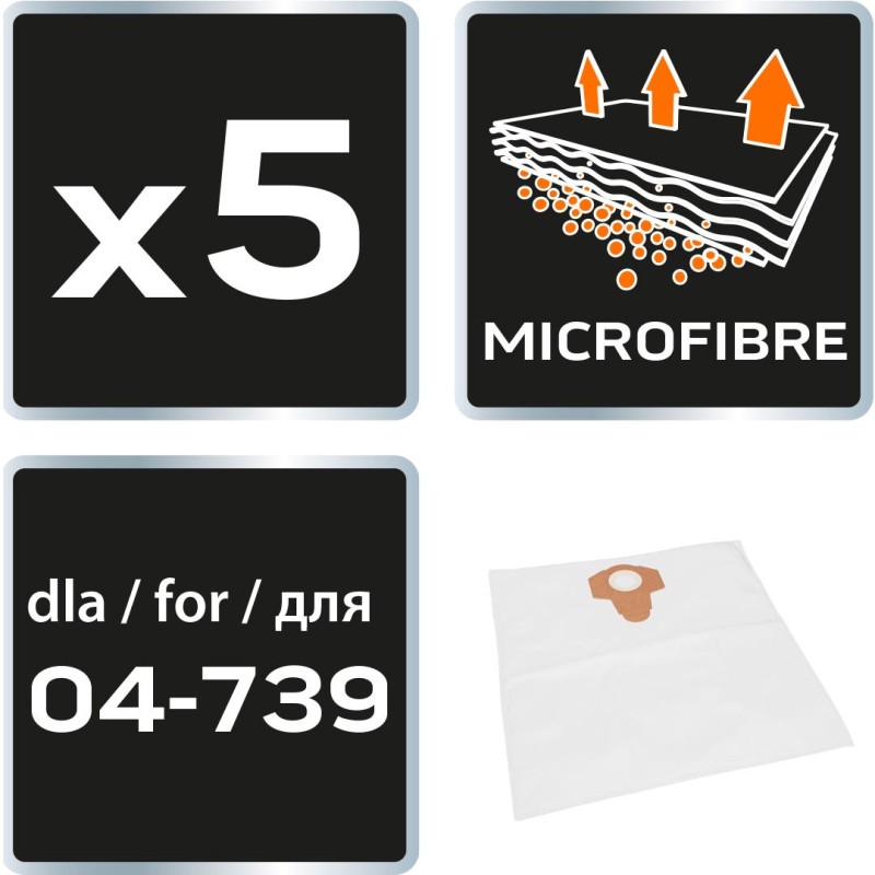 NEO Tools 04-738-145 mikroszálas porzsák 5 db, 04-738 porszívóhoz