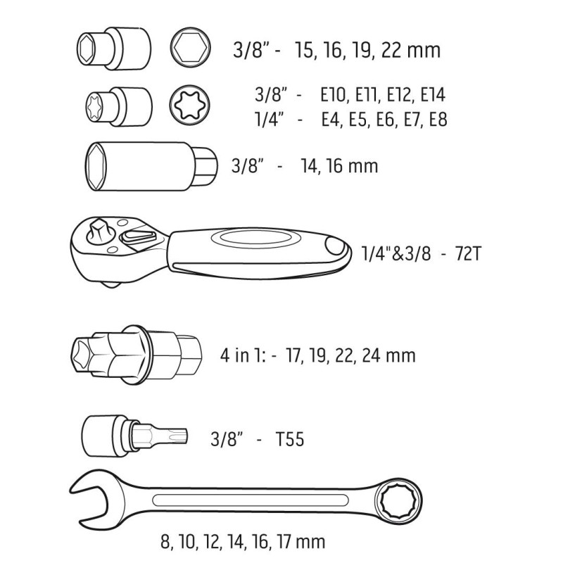 Motorkerékpárszerelő készlet - 25db - puha tok (10-500)