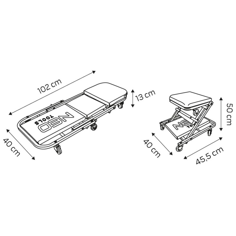 NEO TOOLS 11-601-1 szerelőágy és szék, 2 az 1-ben, 150 kg teherbírás