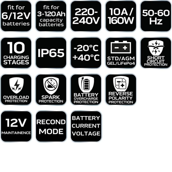 Automatikus akkumulátortöltő 10A/160W, 3-200Ah, savas / AGM / GEL akkumulátorokhoz (11-893-1)