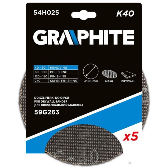 Gipszcsiszoló rács tépőzárral 180mm, K40, 5db csiszolóhoz 59G263 (54H025)