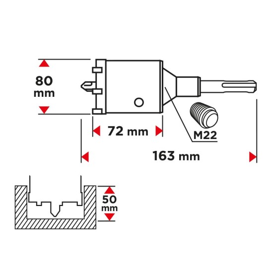 Koronafúró, körkivágó, 80 mm, SDS Plus szárral és központfúróval (55H322)