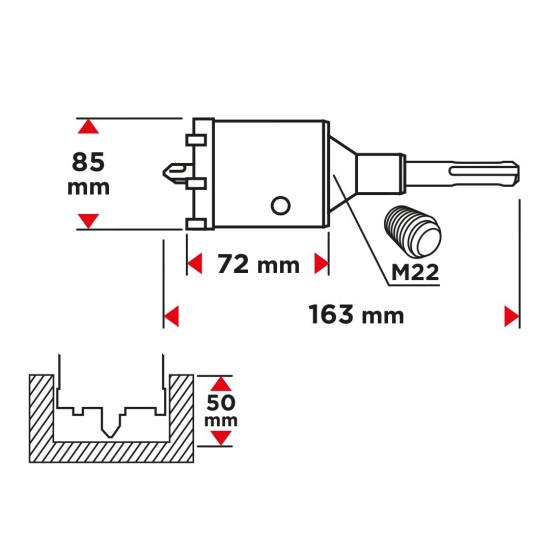 Koronafúró, körkivágó, 85 mm, SDS Plus szárral és központfúróval (55H323)