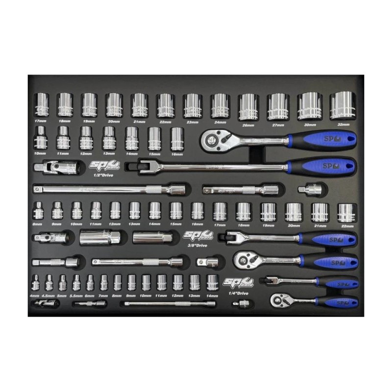 Tálcás SP Tools ''M'' Dugókulcs készlet 1/4-3/8-1/2'' 67 db-os Tálcás SP Tools ''M'' Dugókulcs készlet 1/4-3/8-1/2'' 67 db-os