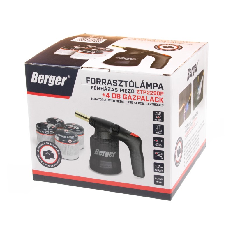Gázégő - gázlámpa piezós fém házas + 4db gázpalack - Berger