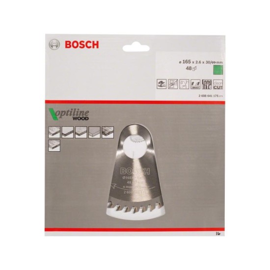 BOSCH Fűrésztárcsa fához 165 x 30/20 x 2,6 mm / 48T Optiline Wood ATB