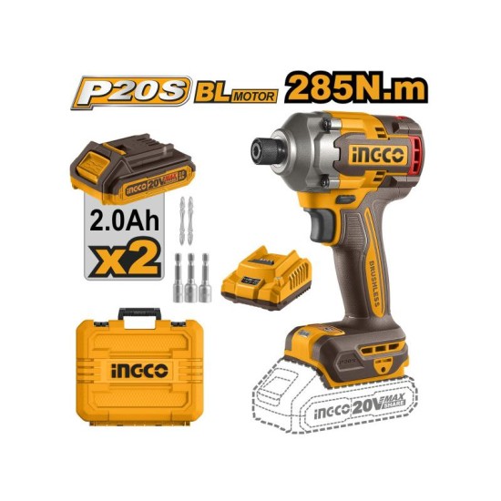 INGCO Akkus ütvecsavarozó 1/4'' 285 Nm szénkefe nélküli 20 V (2 x 2,0 Ah akku + töltő)