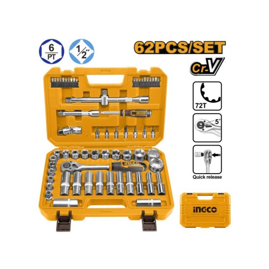 INGCO Dugókulcs készlet 62 részes 1/2'' 10-32 mm CrV