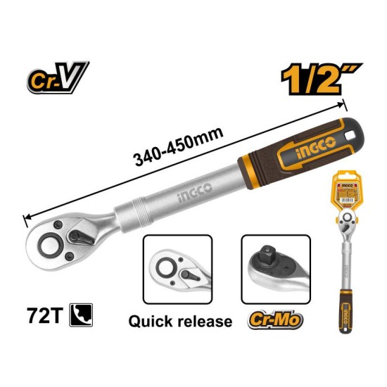 INGCO Racsnis hajtószár 1/2'' 340-450 mm 72T teleszkópos CrV