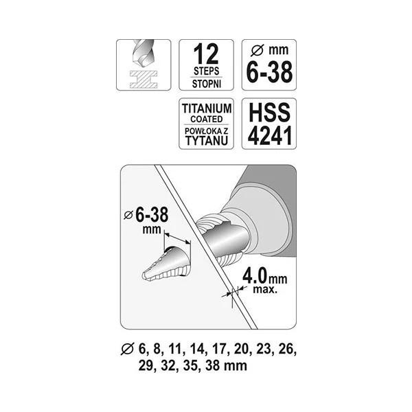 Lemezfúró, lépcsős - 12 lépcsős HSS TiN 6-38 mm