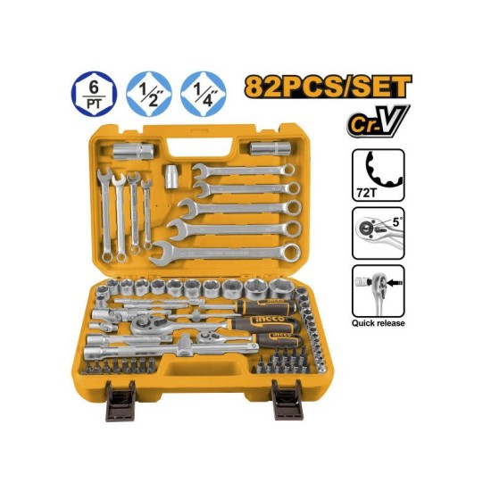 INGCO Dugókulcs készlet 82 részes 1/4'' 4-10 mm, 1/2'' 10-32 mm CrV