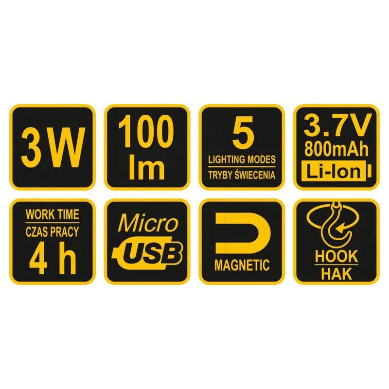 Szerelőlámpa (zseb) LED 3W COB mágneses, kampós - Vorel