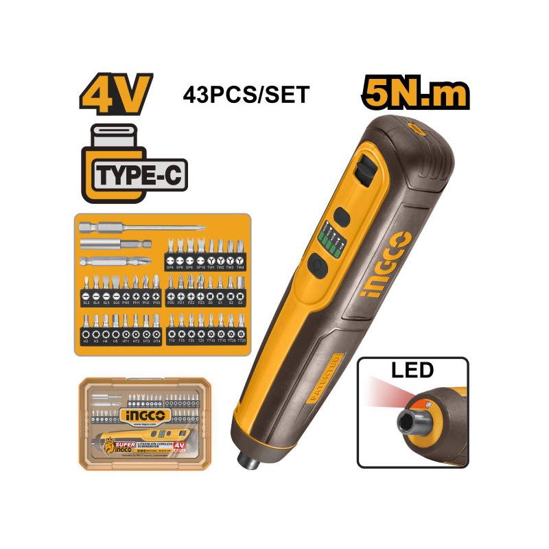 INGCO Akkus csavarozó 5 Nm 4 V + 43 részes bit (USB-C töltés)