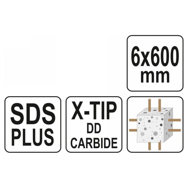 YATO Kőzetfúró 6 x 600/525 mm négyélű SDS-Plus
