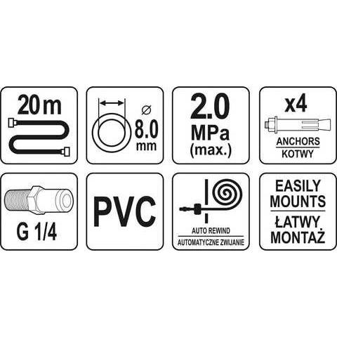 Levegőtömlő csévélődobbal 20 méter 8 x 12 mm falra szerelhető YATO (YT-24244)