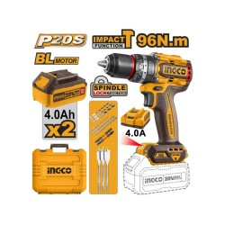INGCO CIDLI20968E 20V szénkefe nélküli akkus ütvefúró-csavarozó, 96 Nm nyomatékkal, 2 x 4,0 Ah akkumulátorral és töltővel