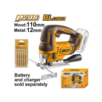 INGCO CJSLI1008 20V szénkefe nélküli akkus dekopírfűrész, 3000 fordulat/perc, akku és töltő nélkül
