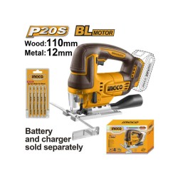INGCO CJSLI1008 20V szénkefe nélküli akkus dekopírfűrész, 3000 fordulat/perc, akku és töltő nélkül