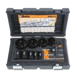 450/C13 HSS/Bimetall-koronafúrókészlet gáz és vízvezetékszerelőknek ütésálló műanyag dobozban 450/C13 HSS/Bimetall-koronafúrókészlet gáz és vízvezetékszerelőknek ütésálló műanyag dobozban