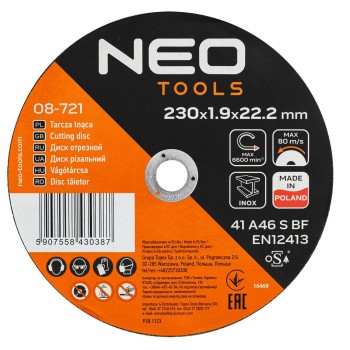 Vágókorong, fémhez, 230x1,9x22,2mm, 41A 46 S BF INOX, 25db/cs (08-721)
