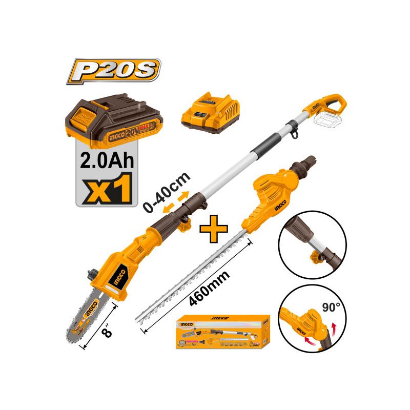 INGCO Akkus magassági sövény 460 mm és ágvágó 200 mm 0-400 mm 20 V (1 x 2,0 Ah akku + töltő) INGCO Akkus magassági sövény 460 mm és ágvágó 200 mm 0-400 mm 20 V (1 x 2,0 Ah akku + töltő)
