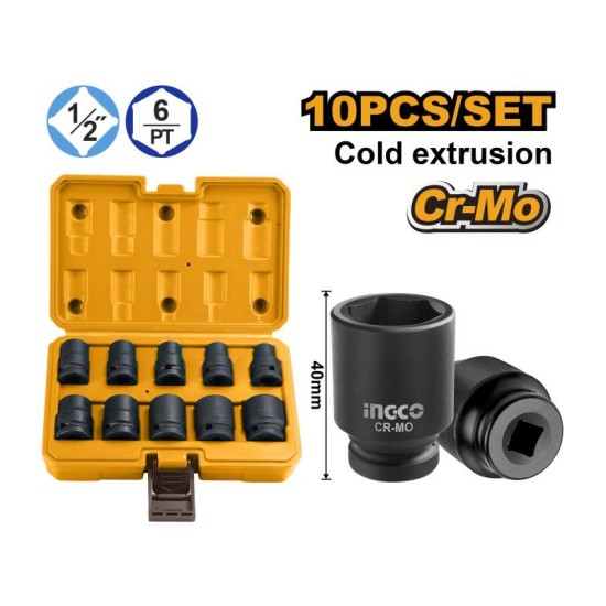 INGCO Gépi dugókulcs készlet 10 részes 1/2'' 10-24 mm CrMo