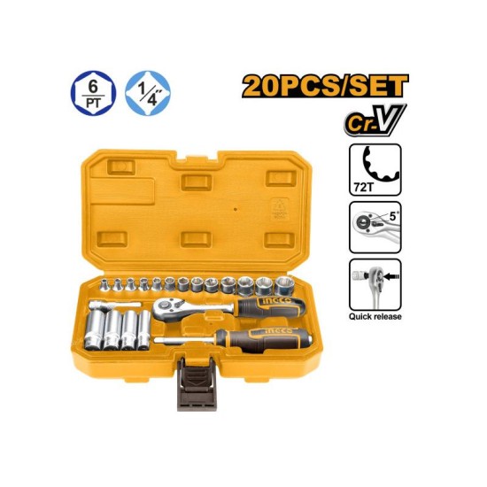 INGCO Dugókulcs készlet 20 részes 1/4'' 4-14 mm CrV