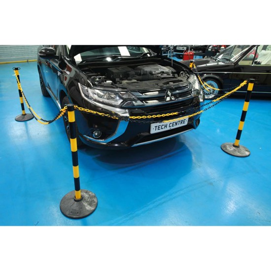 Laser Tools LAS‑61608 kordonkészlet – 25 m sárga‑fekete műanyag lánccal, 4 oszloppal