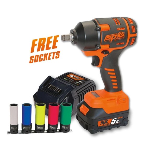 Ütvecsavarozó, akkus 18V 970 Nm 1/2'' 1 db 5.0Ah + 5db fej - SP Tools Ütvecsavarozó, akkus 18V 970 Nm 1/2'' 1 db 5.0Ah + 5db fej - SP Tools