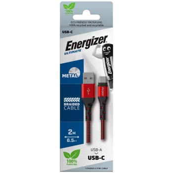 USB töltőkábel USB-C 2M Piros Textil Borítás - Energizer