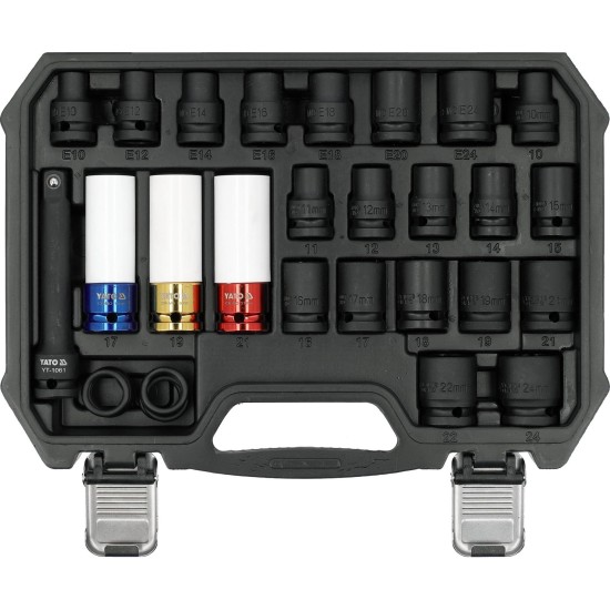 Légkulcsfej készlet 1/2'' 24 db  10-24 mm + E10-E24 -