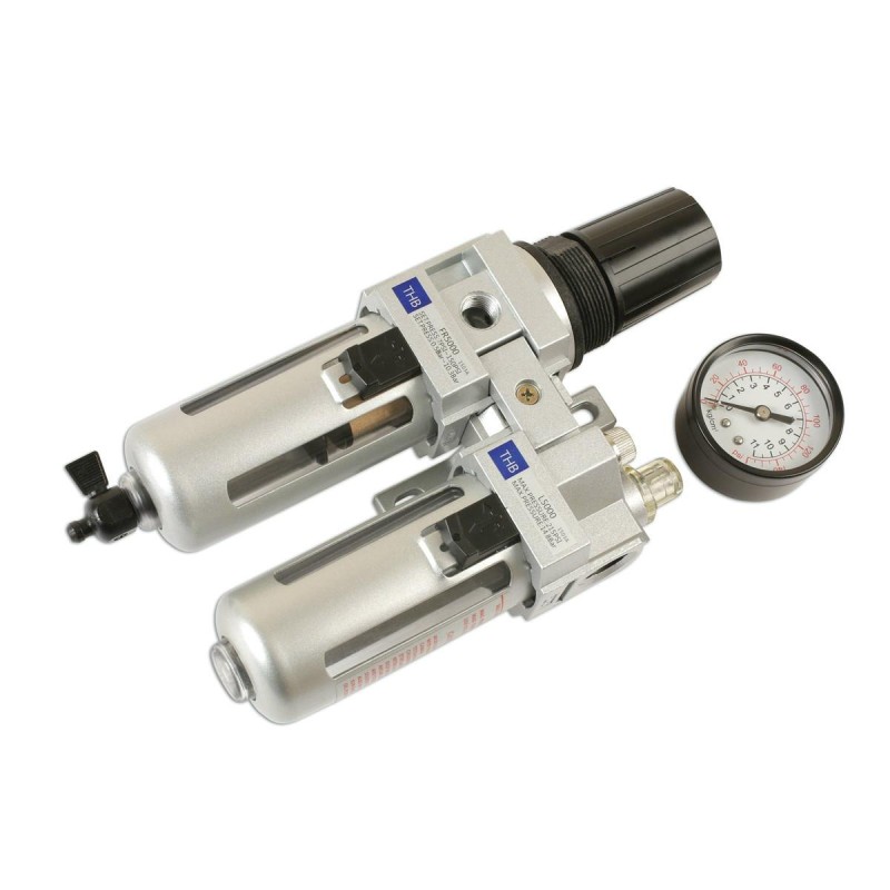 Levegőelőkészítő egység szűrő+szabályzó+olajzó+óra 1/2"-os (CON-37001) Levegőelőkészítő egység szűrő+szabályzó+olajzó+óra 1/2"-os (CON-37001)