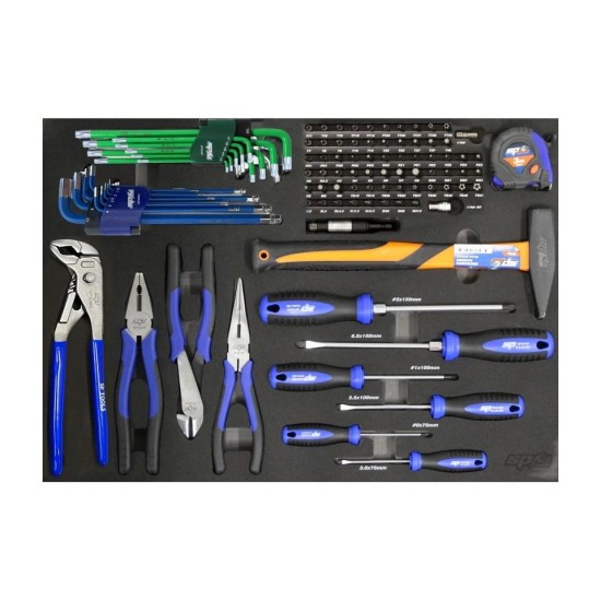 Tálcás SP Tools ''M'' Kiegészítő Fogó-Kalapács-Csavarhúzó készlet 97db-os