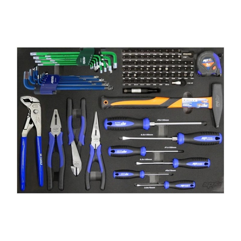 Tálcás SP Tools ''M'' Kiegészítő Fogó-Kalapács-Csavarhúzó készlet 97db-os