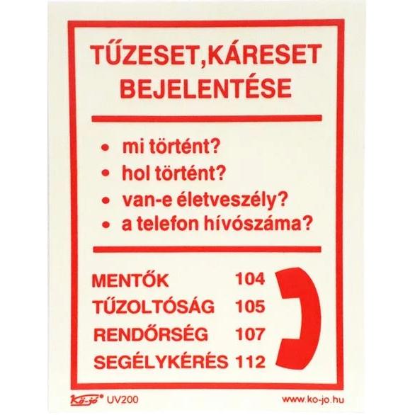 Tábla utánvilágítós öntapadós Tűzeset Bejelentő150x200 UV200