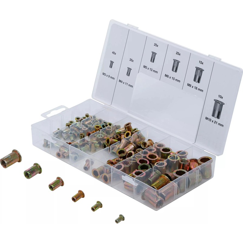 Szegecsanya készlet 150 db-os M3-M4-M5-M6-M8-M10 acél, rovátkolt - BGS