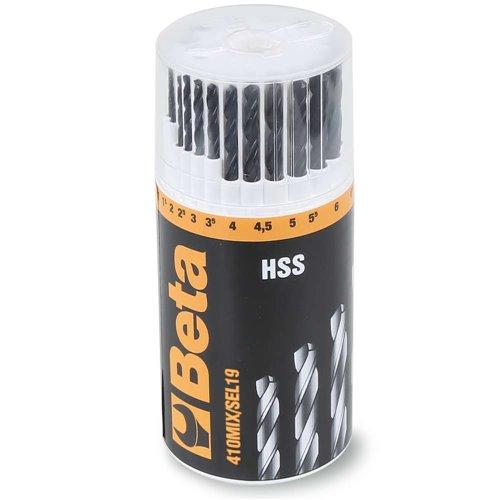 410MIX/SEL19 13 darab 410 típusú csigafúróból és 6 darab keményfémlapkás fúróból álló készlet műanyag dobozban